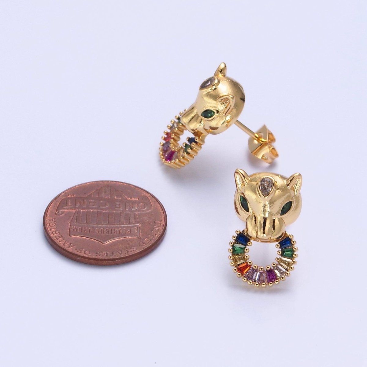 24K Gold Filled Panther Stud Earrings with Multicolor Baguette CZ Cubic Zirconia V-447 - DLUXCA