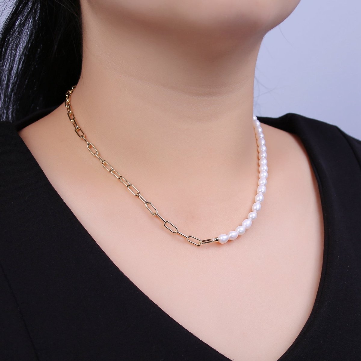 24K Gold Filled Paperclip Natural White Freshwater Pearl Half 16 Inch Choker Necklace | WA-679 Clearance Pricing