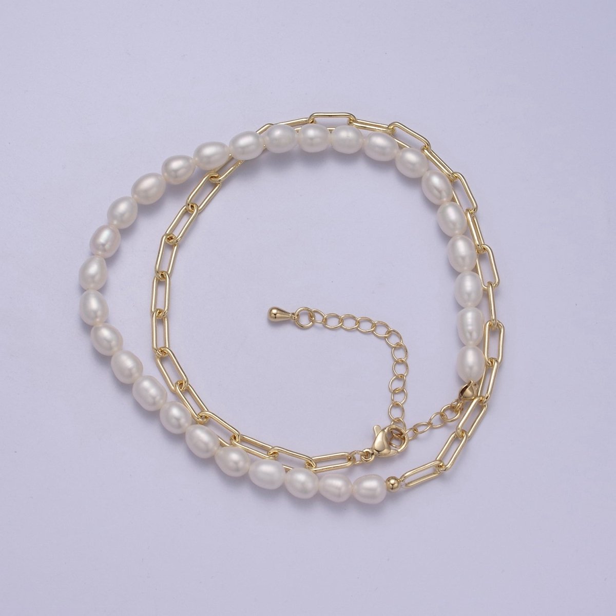 24K Gold Filled Paperclip Natural White Freshwater Pearl Half 16 Inch Choker Necklace | WA-679 Clearance Pricing