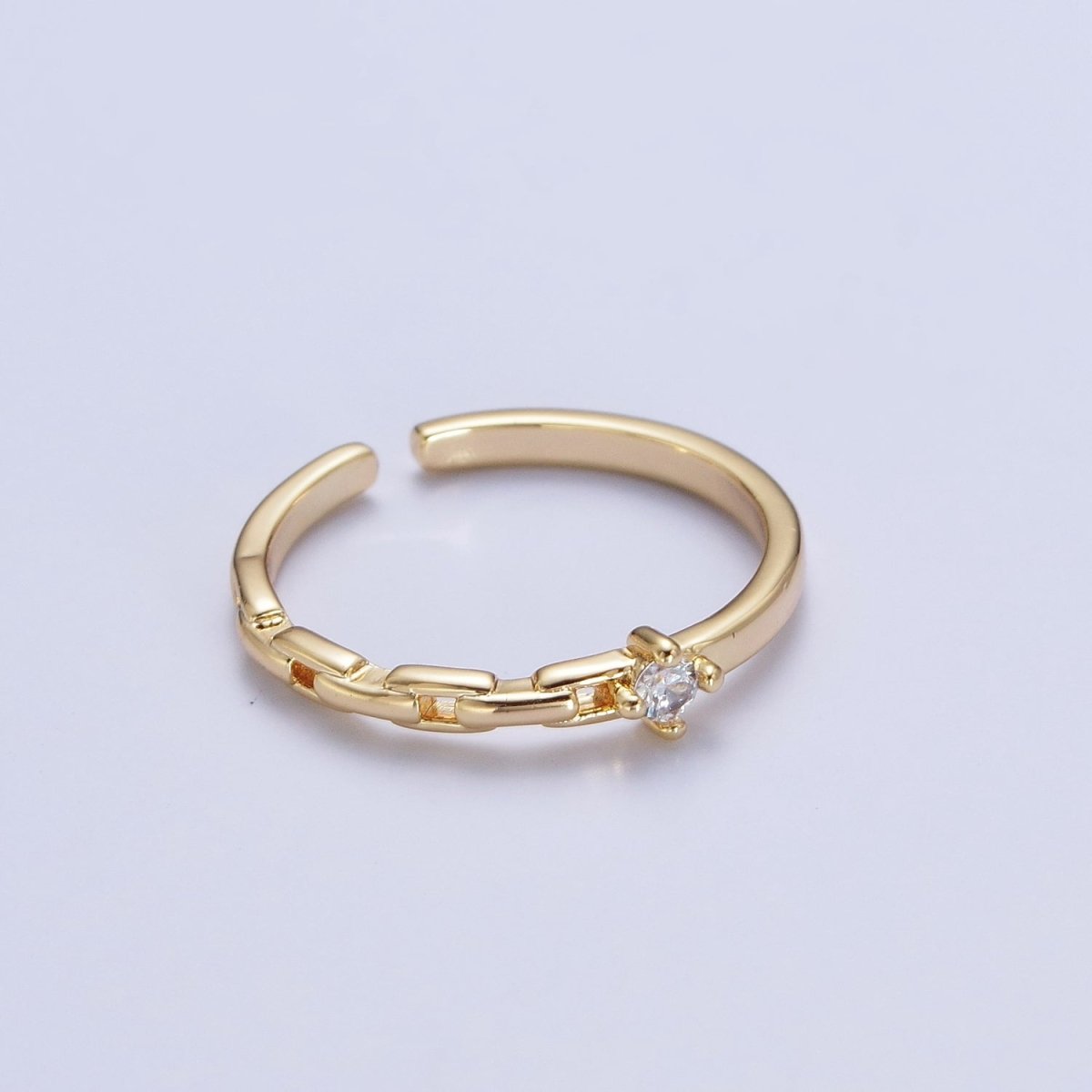 24K Gold Filled Partially Chain Link with Round Cubic Zirconia Stone Adjustable Minimalist Gold Ring | X-583 - DLUXCA