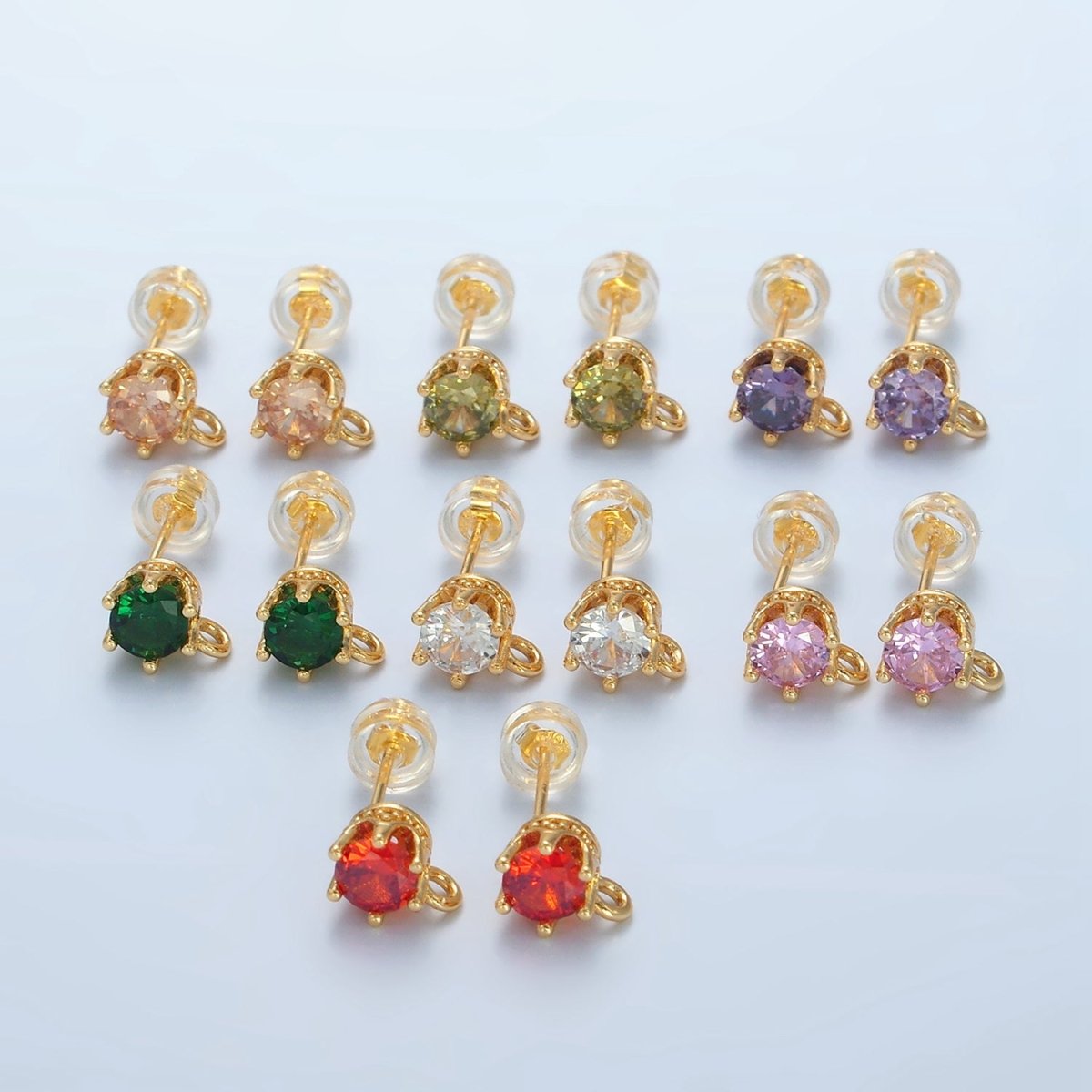24K Gold Filled Peach, Green, Orange, Clear, Pink, Olive, Purple CZ Open Loop Drop Stud Earrings Findings | Z946 - Z952