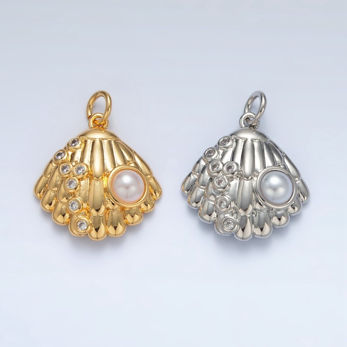 24K Gold Filled Pearl CZ Dotted Clam Sea Shell Charm in Gold & Silver | AG866