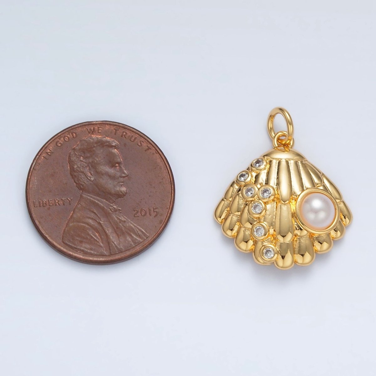 24K Gold Filled Pearl CZ Dotted Clam Sea Shell Charm in Gold & Silver | AG866