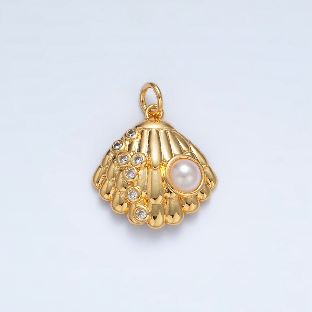 24K Gold Filled Pearl CZ Dotted Clam Sea Shell Charm in Gold & Silver | AG866