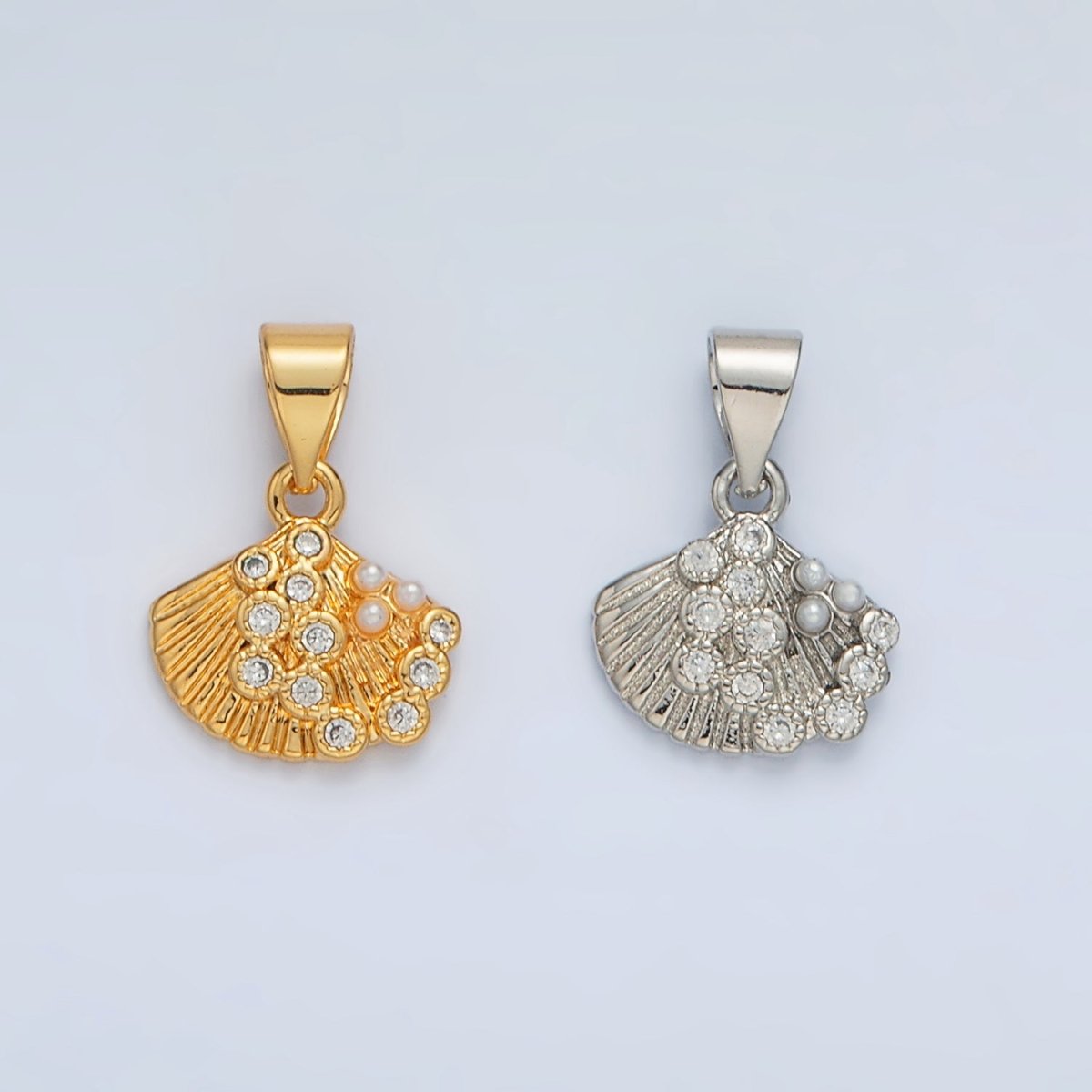 24K Gold Filled Pearl CZ Dotted Clam Sea Shell Pendant in Gold & Silver | I718