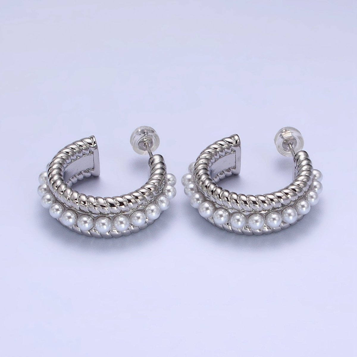 24K Gold Filled Pearl Lined Double Croissant Twist Wide C-Shaped Hoops in Gold & Silver | AB344 AB345