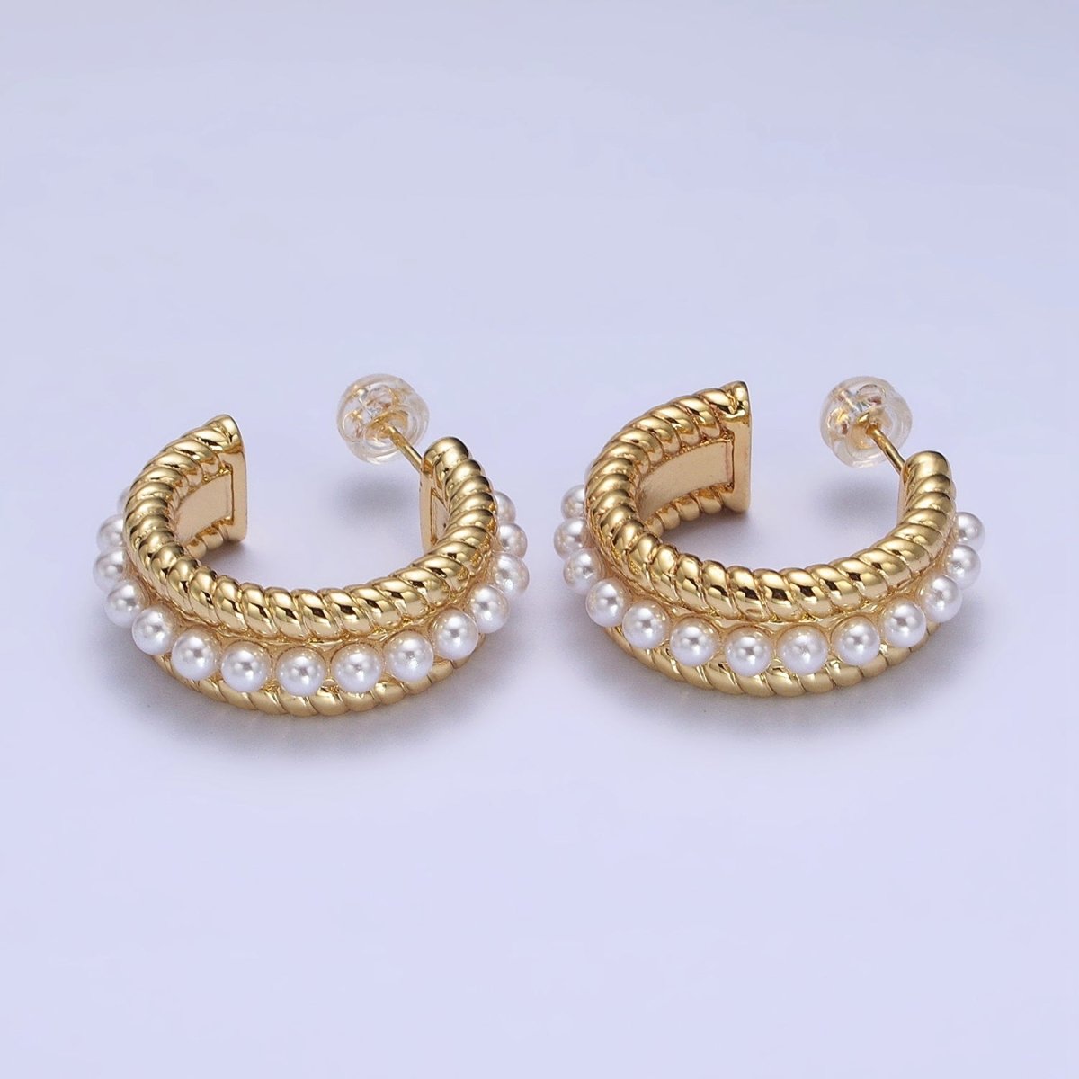 24K Gold Filled Pearl Lined Double Croissant Twist Wide C-Shaped Hoops in Gold & Silver | AB344 AB345