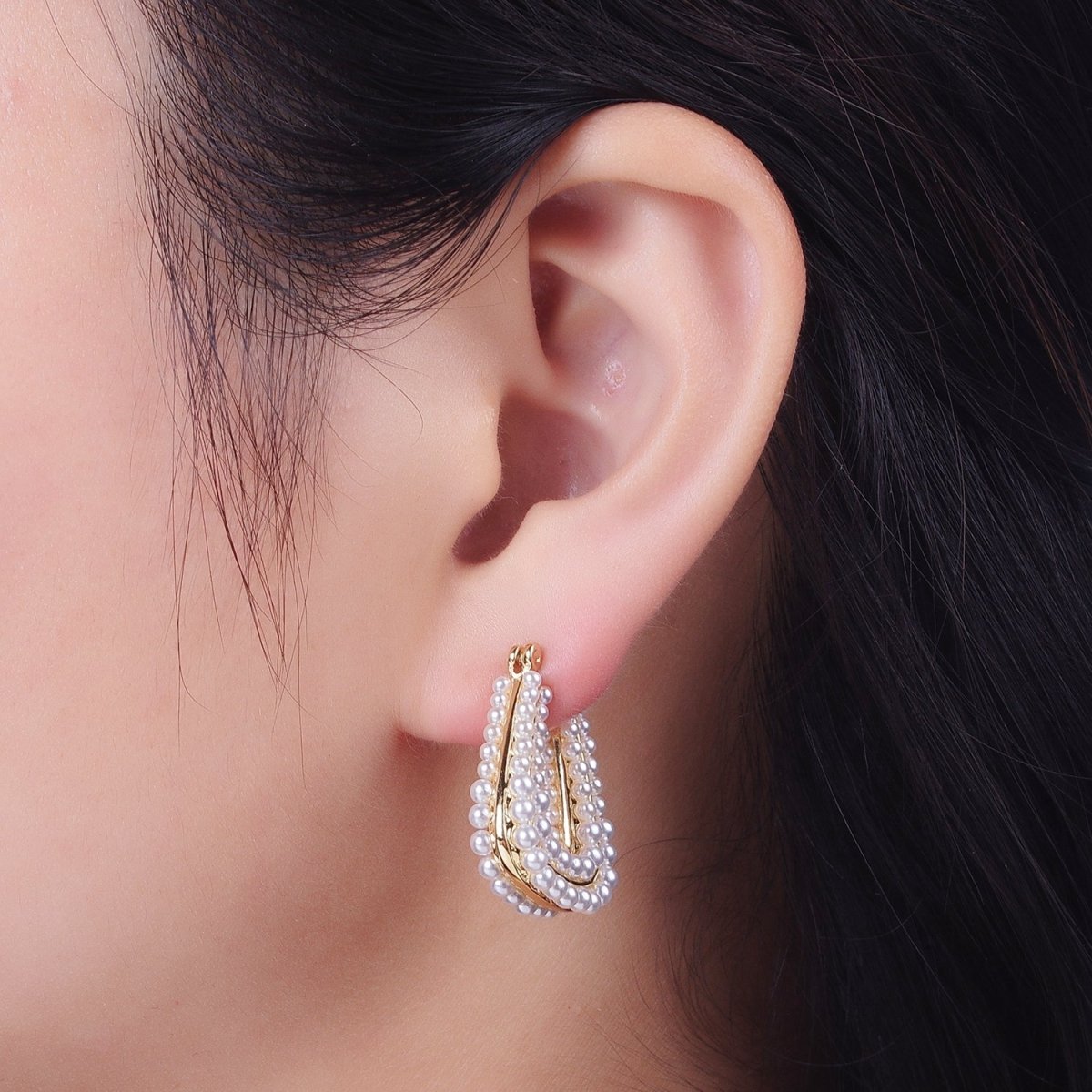 24K Gold Filled Pearl Lined Geometric Latch Hoops Earrings in Gold & Silver | V-032