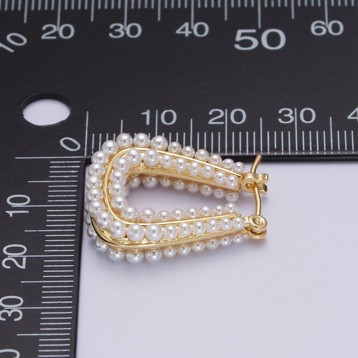 24K Gold Filled Pearl Lined Geometric Latch Hoops Earrings in Gold & Silver | V-032