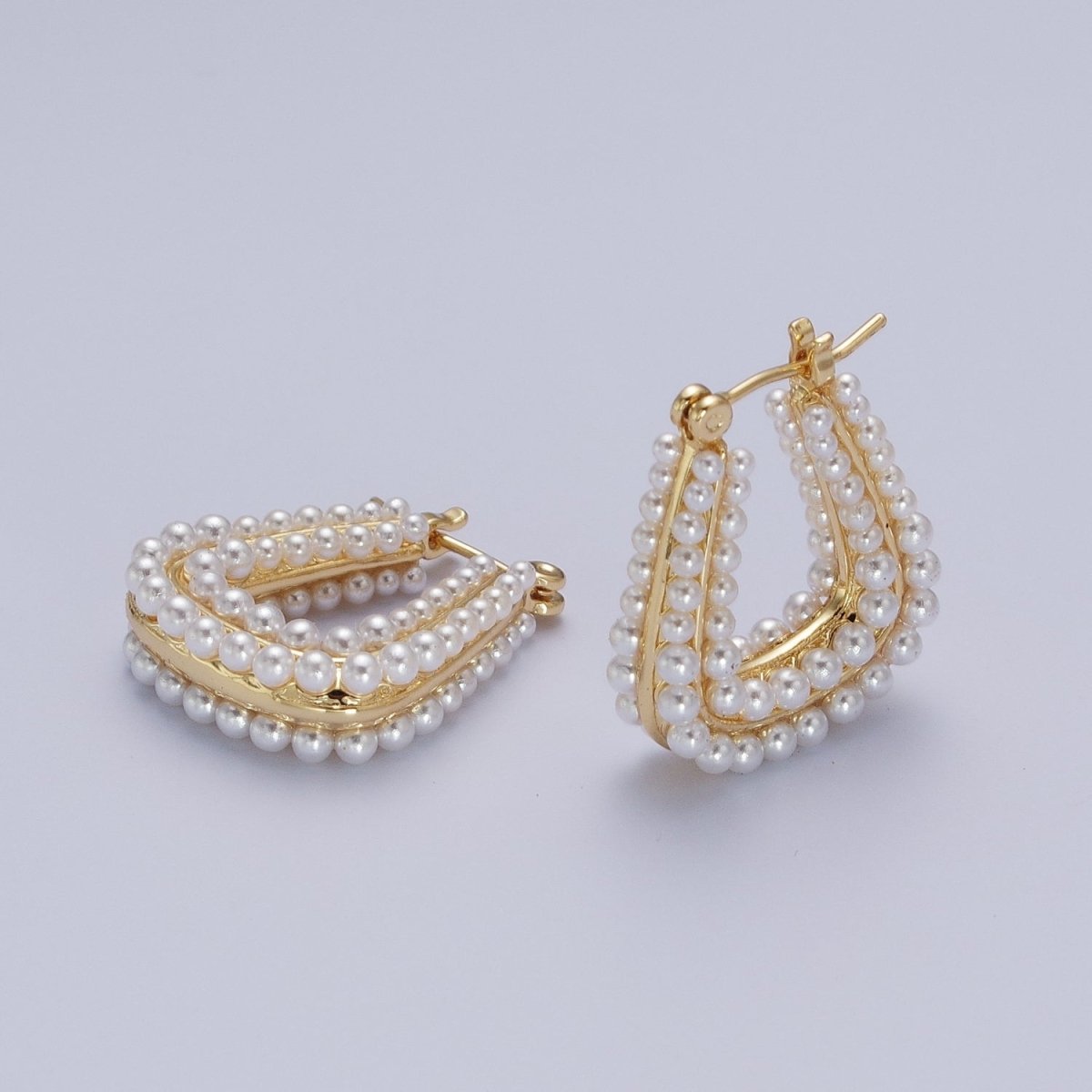 24K Gold Filled Pearl Lined Geometric Latch Hoops Earrings in Gold & Silver | V-032