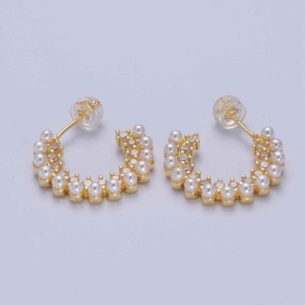 24K Gold Filled Pearl Lined Micro Paved CZ Side C-Shaped 21mm Hoop Earrings | Y-227 - DLUXCA