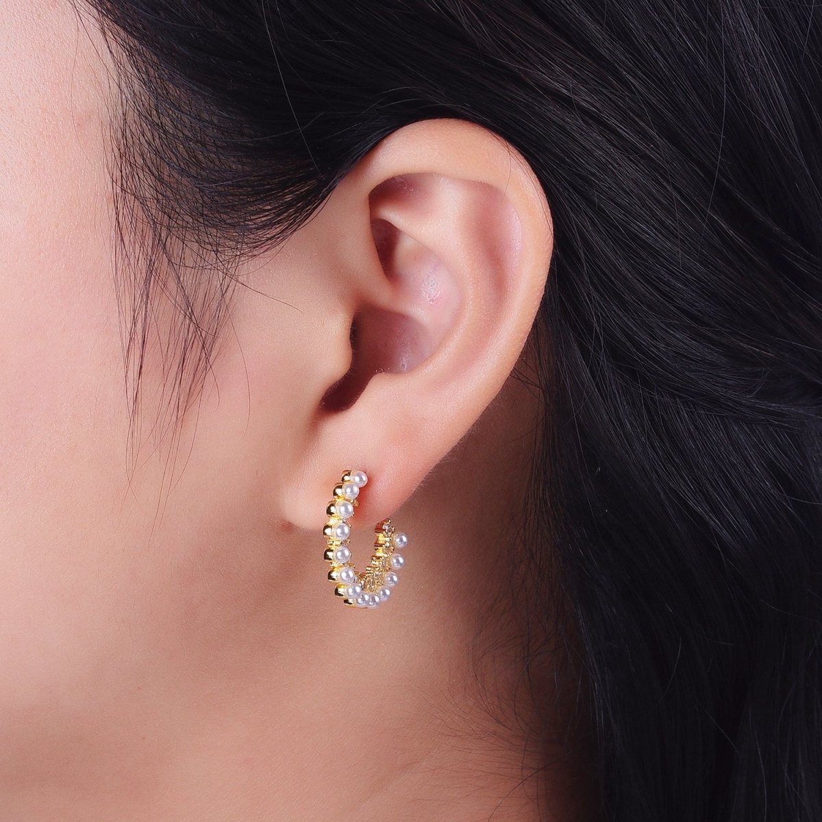 24K Gold Filled Pearl Lined Micro Paved CZ Side C-Shaped 21mm Hoop Earrings | Y-227 - DLUXCA