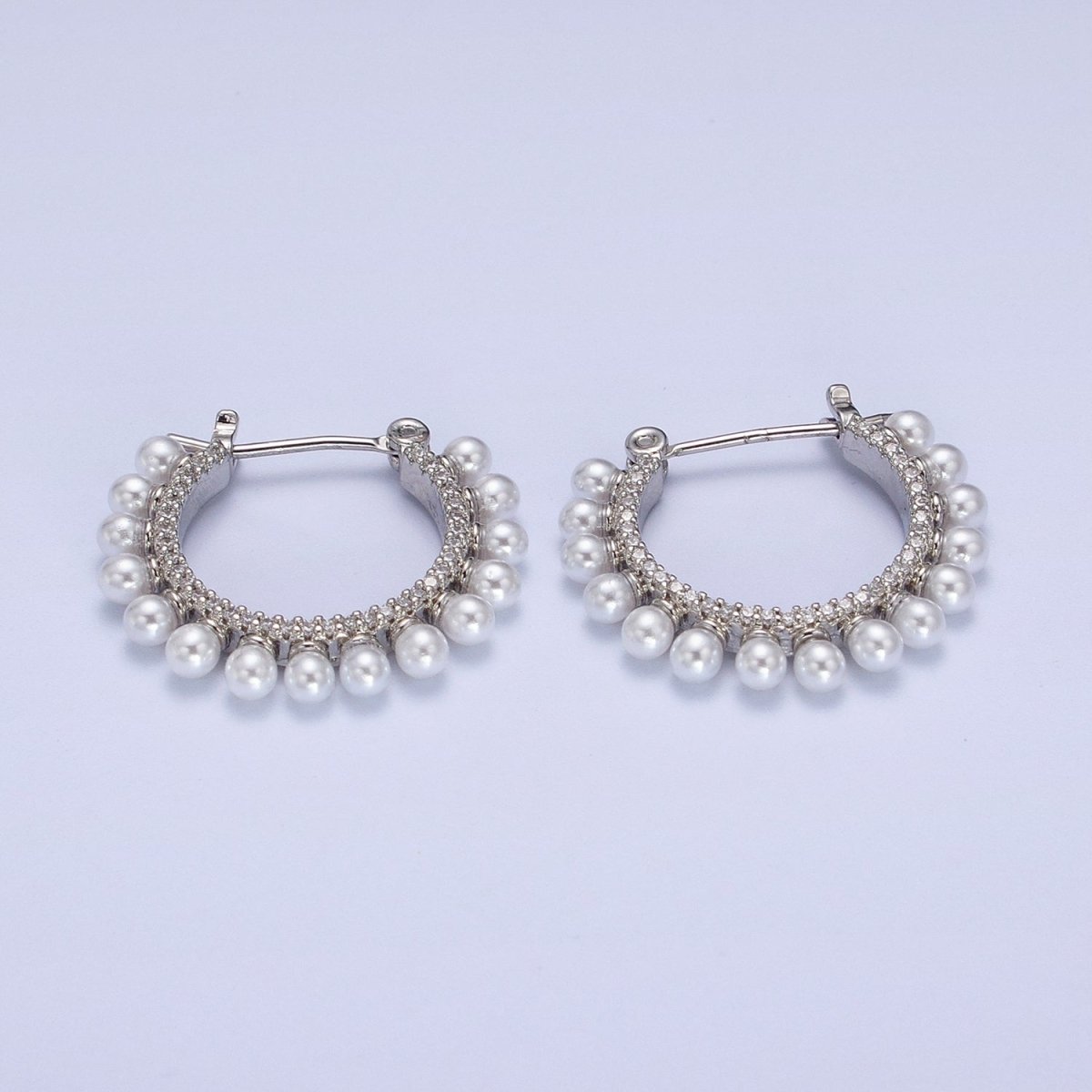 24K Gold Filled Pearl Lined Micro Paved Latch Hoop Earrings in Gold & Silver | AB348 AB349