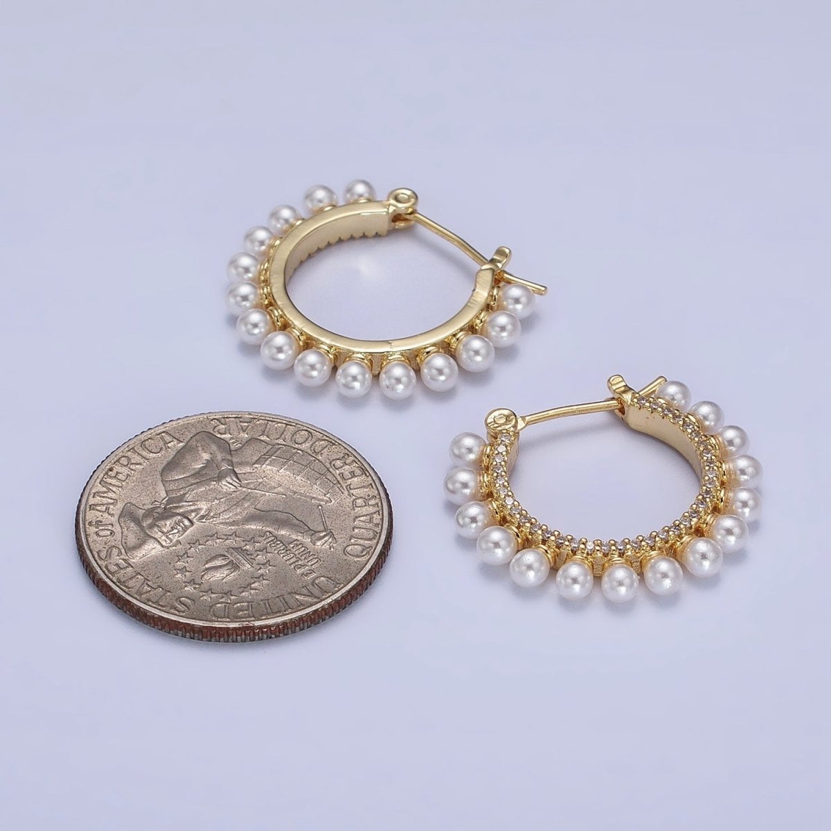 24K Gold Filled Pearl Lined Micro Paved Latch Hoop Earrings in Gold & Silver | AB348 AB349