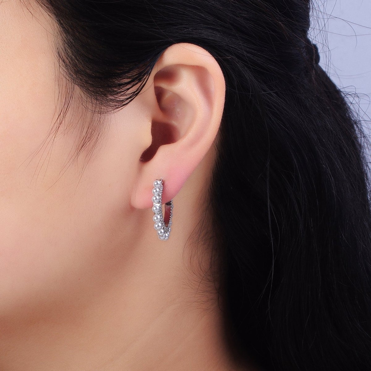 24K Gold Filled Pearl Lined Micro Paved Latch Hoop Earrings in Gold & Silver | AB348 AB349