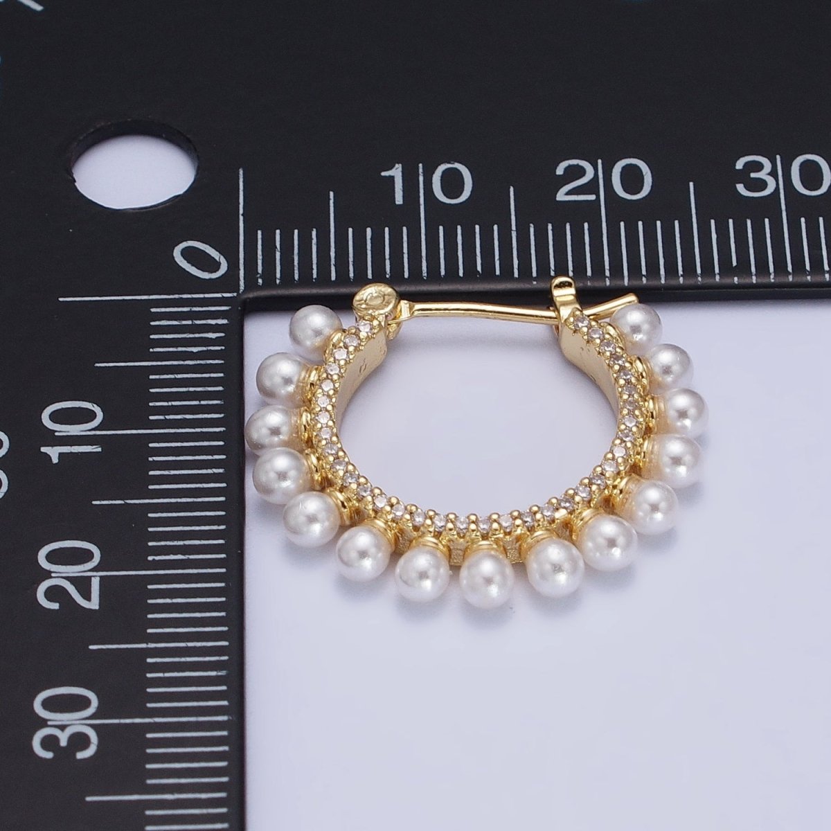24K Gold Filled Pearl Lined Micro Paved Latch Hoop Earrings in Gold & Silver | AB348 AB349