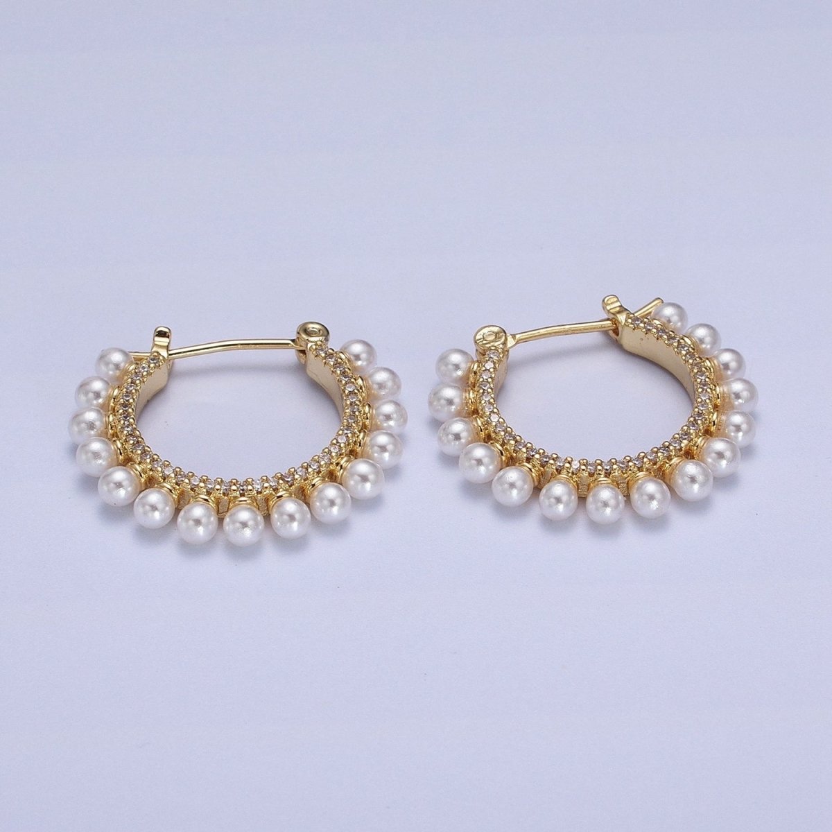 24K Gold Filled Pearl Lined Micro Paved Latch Hoop Earrings in Gold & Silver | AB348 AB349