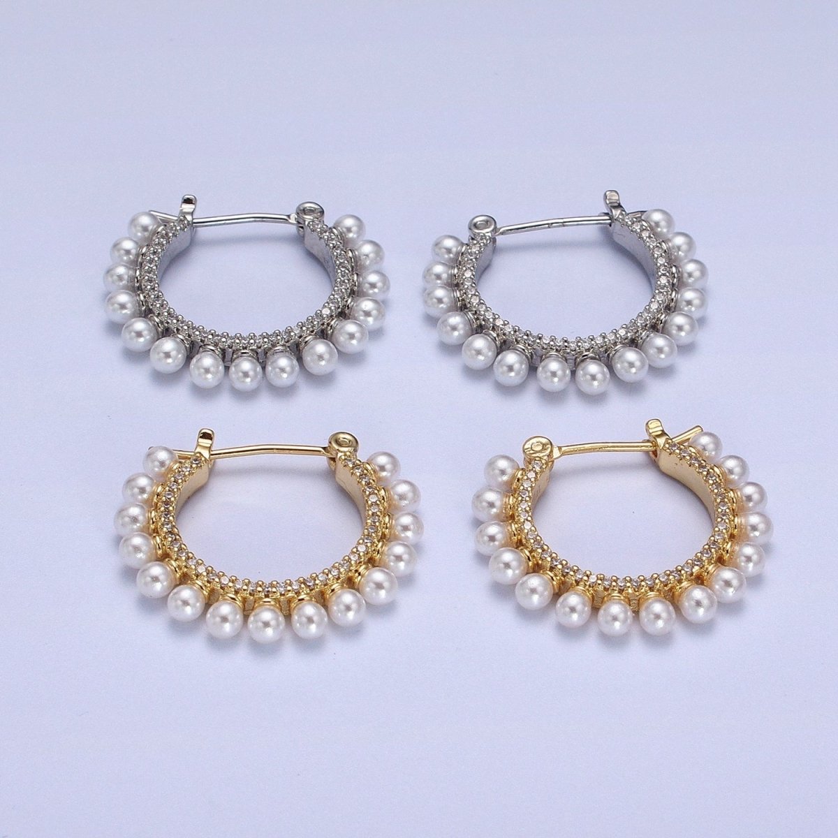24K Gold Filled Pearl Lined Micro Paved Latch Hoop Earrings in Gold & Silver | AB348 AB349