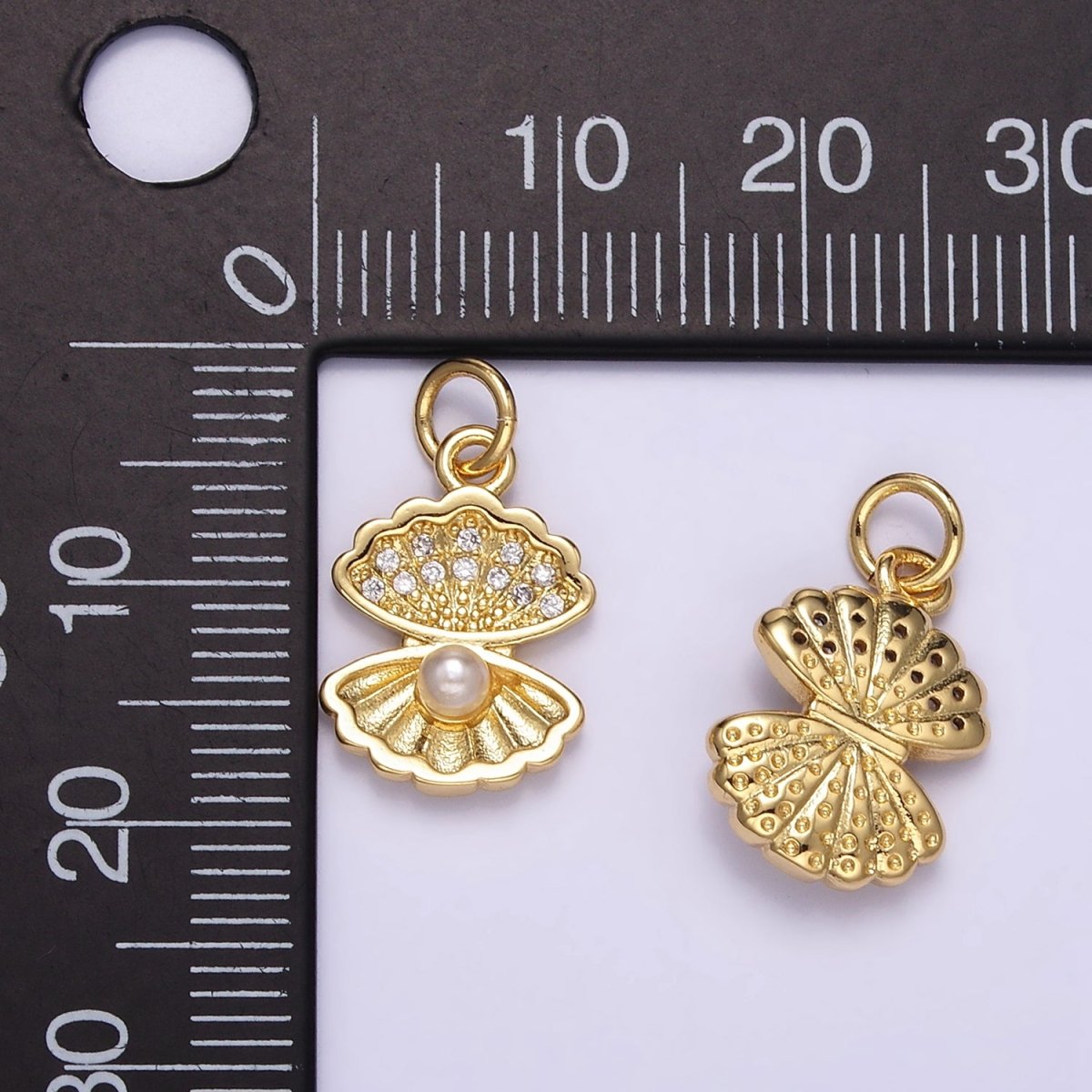24K Gold Filled Pearl Micro Paved CZ Clam Sea Shell Charm | M128 - DLUXCA