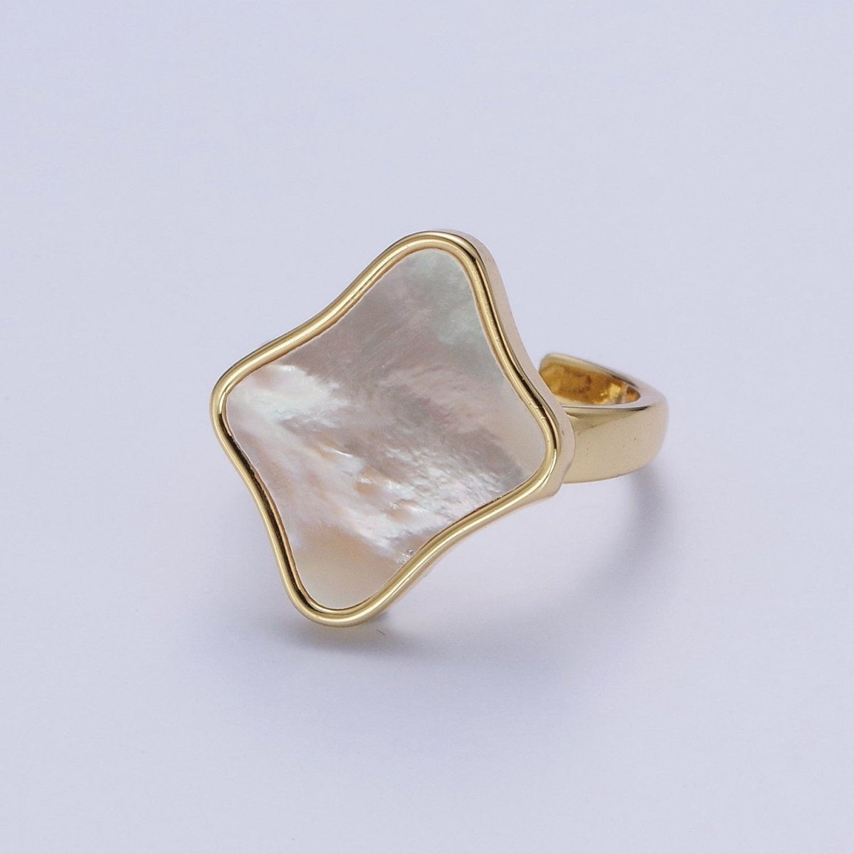 24K Gold Filled Pearl Shell Abstract Rhombus Quatrefoil Adjustable Gold Ring | X-570 - DLUXCA