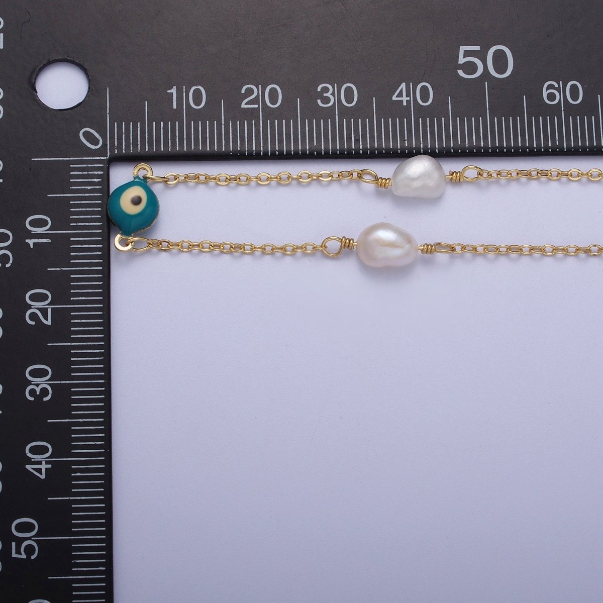 24K Gold Filled Pearl Teal Enamel Evil Eye Designed Unfinished Chain by Yard | ROLL-875 Clearance Pricing - DLUXCA