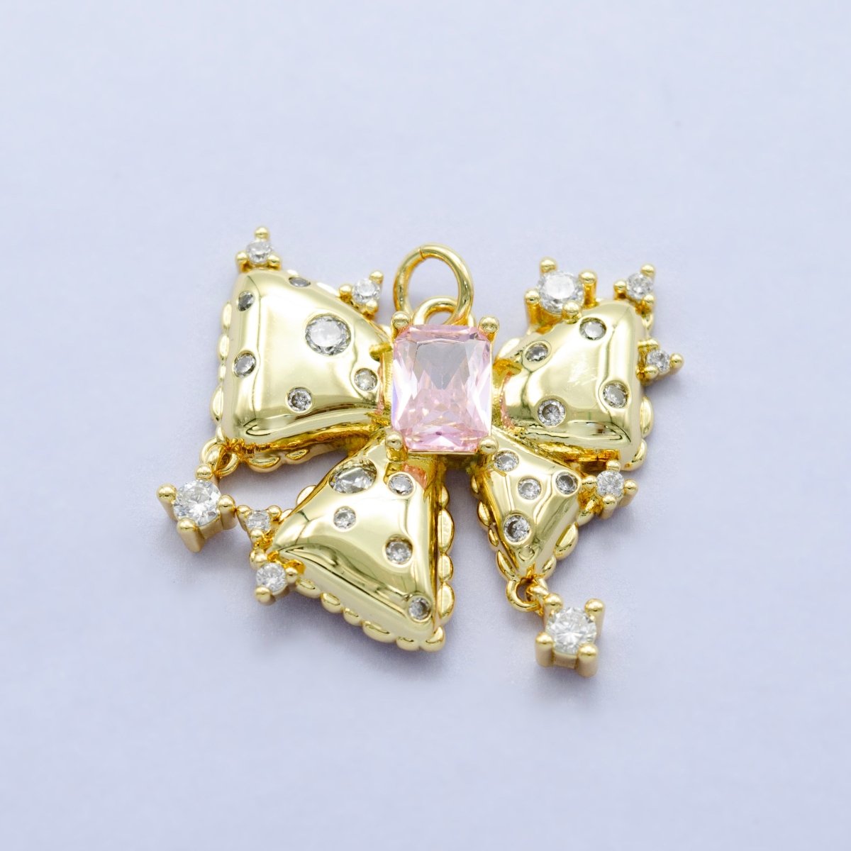24K Gold Filled Pink Baguette CZ - Dotted Ribbon Bow Charm | M315 - DLUXCA