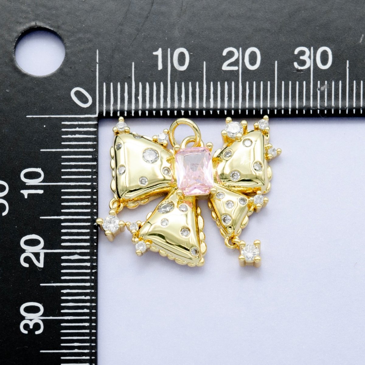 24K Gold Filled Pink Baguette CZ - Dotted Ribbon Bow Charm | M315 - DLUXCA