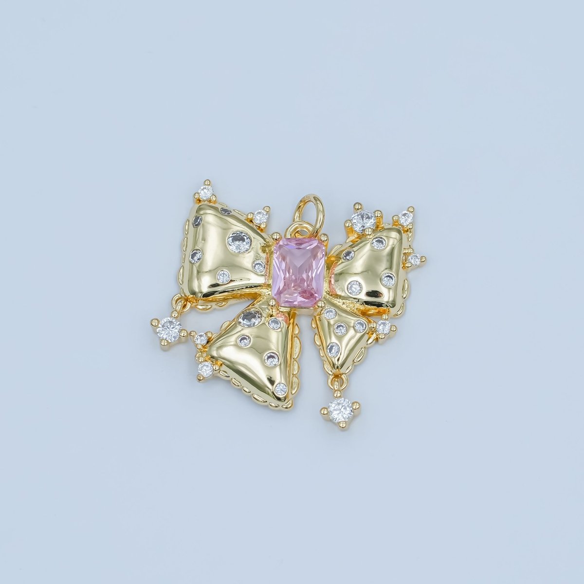 24K Gold Filled Pink Baguette CZ Dotted Ribbon Bow Charm | N040 - DLUXCA