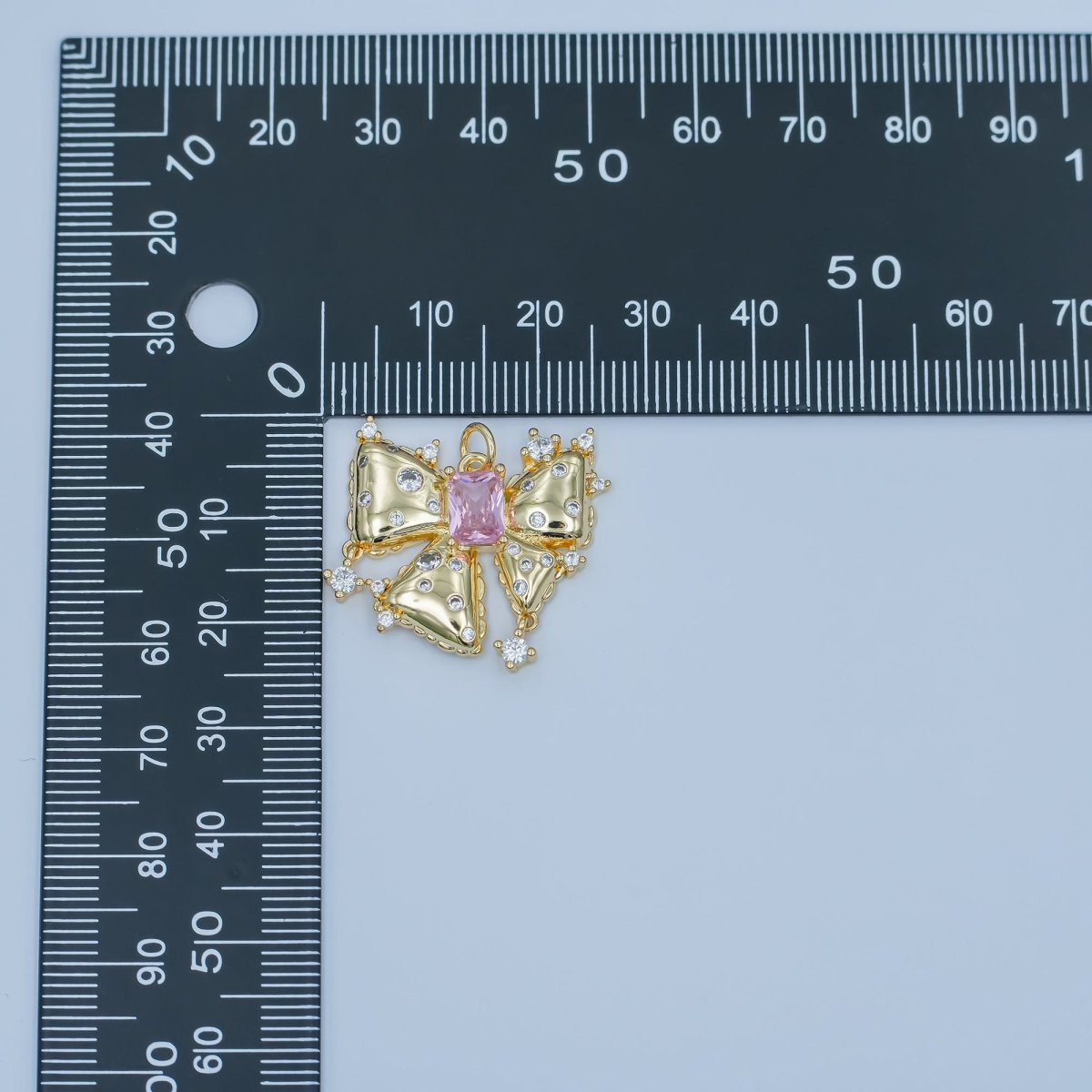 24K Gold Filled Pink Baguette CZ Dotted Ribbon Bow Charm | N040 - DLUXCA