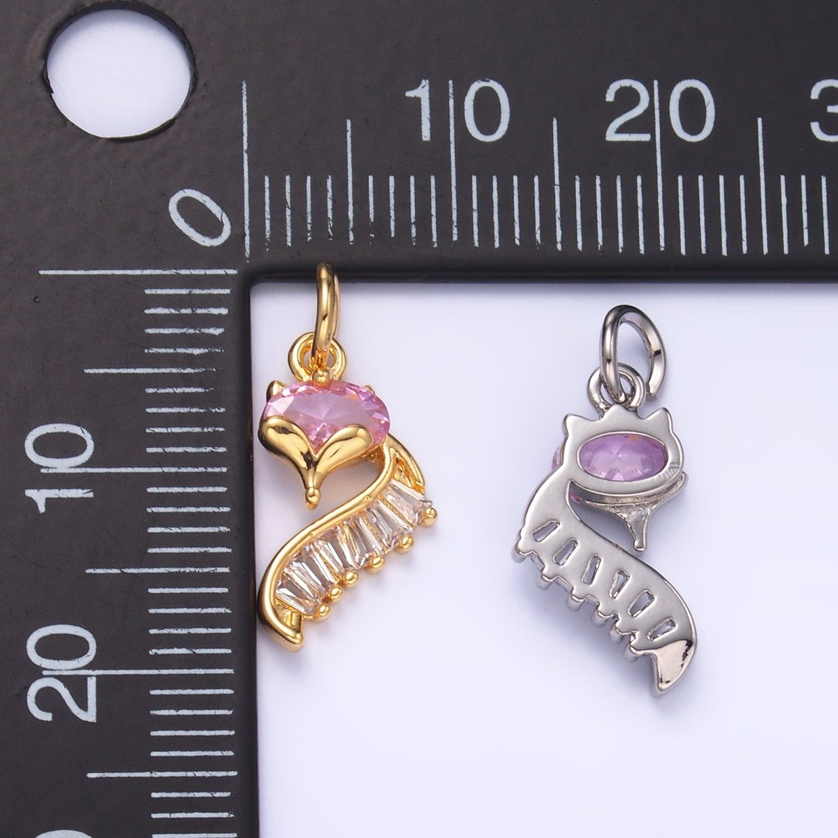24K Gold Filled Pink Baguette CZ Fox Animal Charm in Gold & Silver | M462
