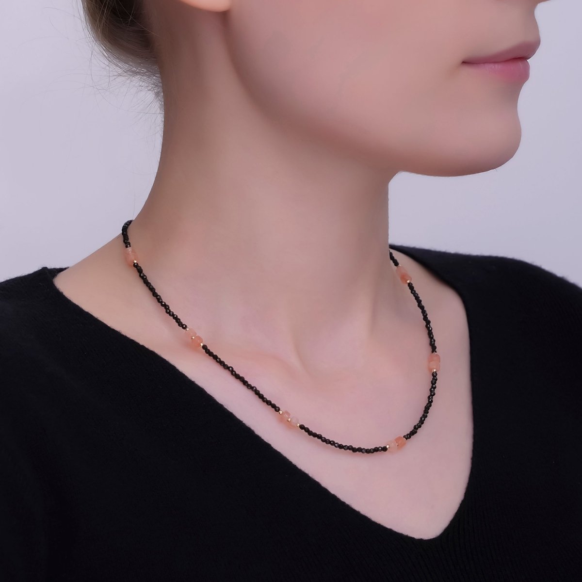 24K Gold Filled Pink Black Gemstone Bead 17 Inch Necklace | WA - 2961 - DLUXCA