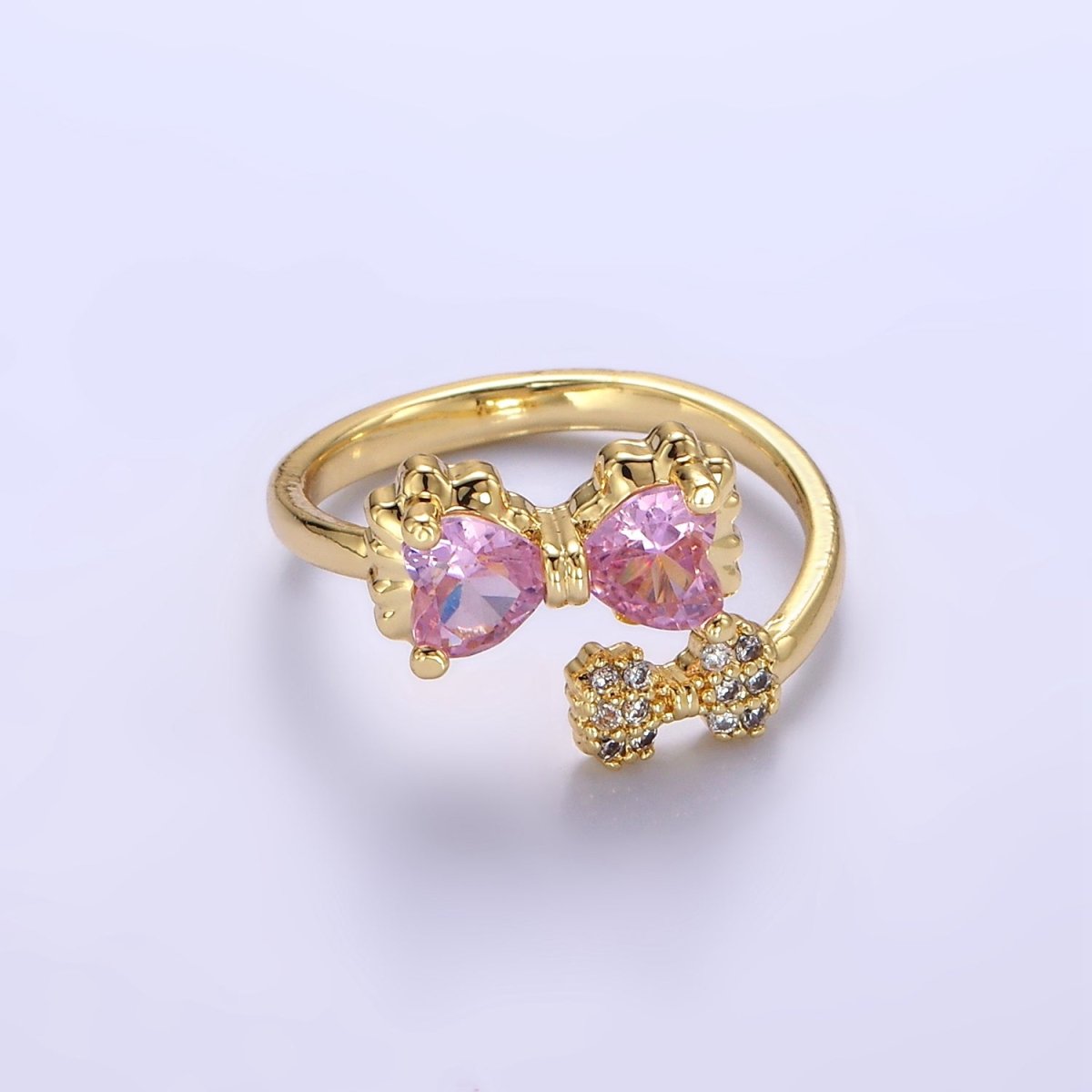 24K Gold Filled Pink Bow Ring Micro Paved Clear CZ Ribbon Ring | O1390