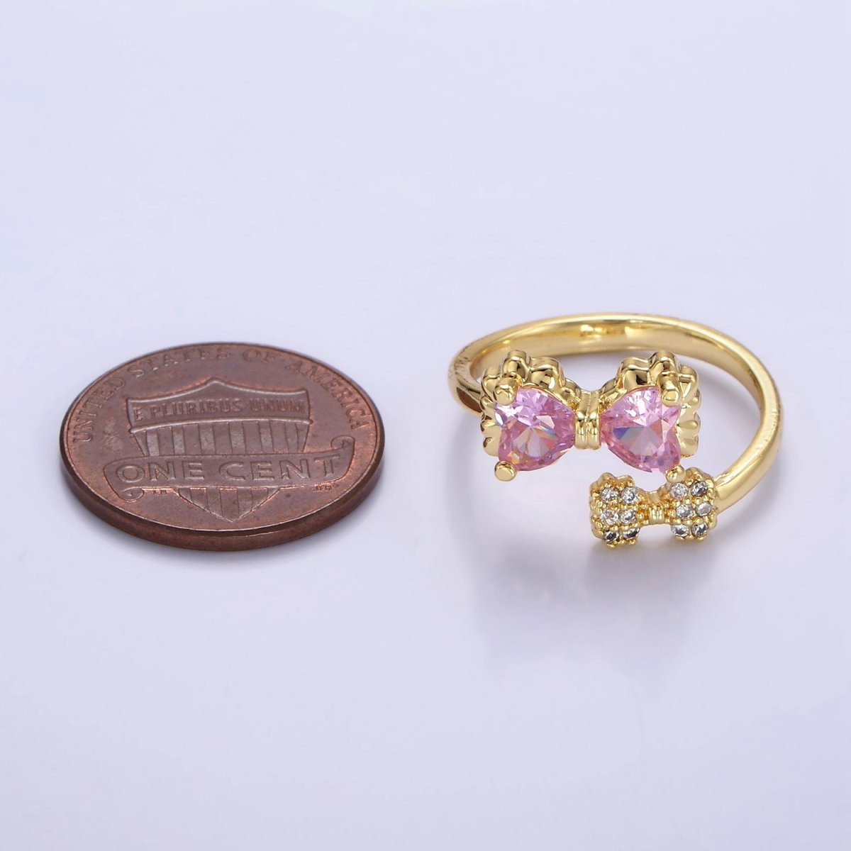 24K Gold Filled Pink Bow Ring Micro Paved Clear CZ Ribbon Ring | O1390