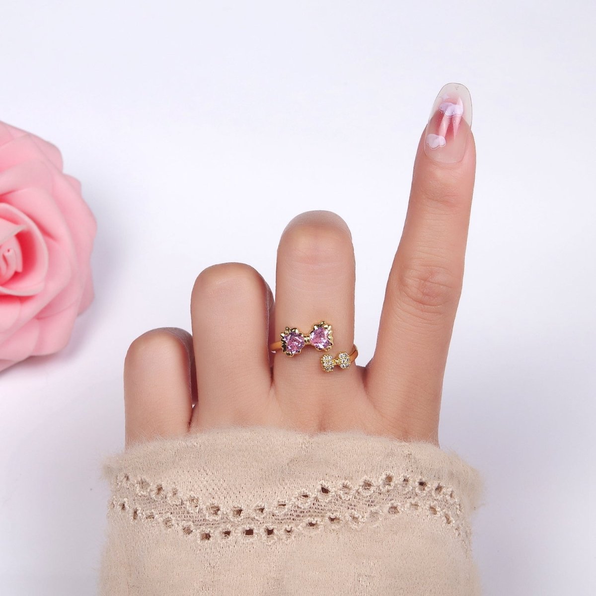 24K Gold Filled Pink Bow Ring Micro Paved Clear CZ Ribbon Ring | O1390