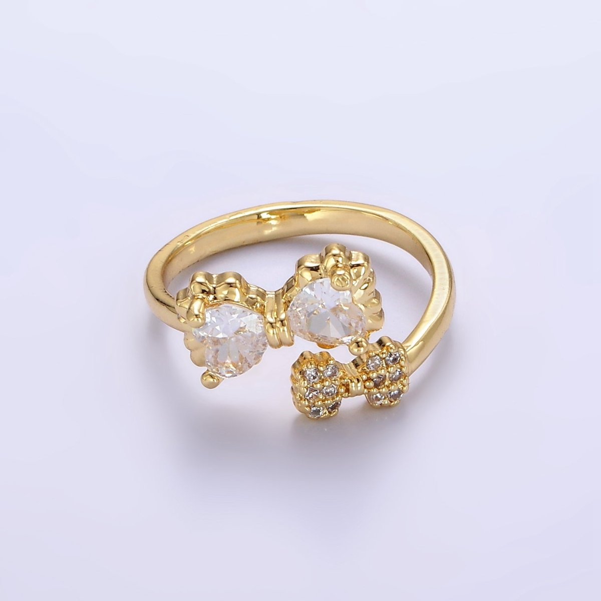 24K Gold Filled Pink Bow Ring Micro Paved Clear CZ Ribbon Ring | O1390