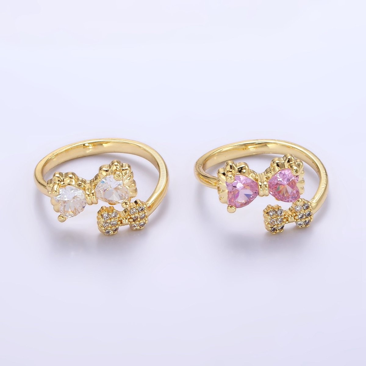 24K Gold Filled Pink Bow Ring Micro Paved Clear CZ Ribbon Ring | O1390