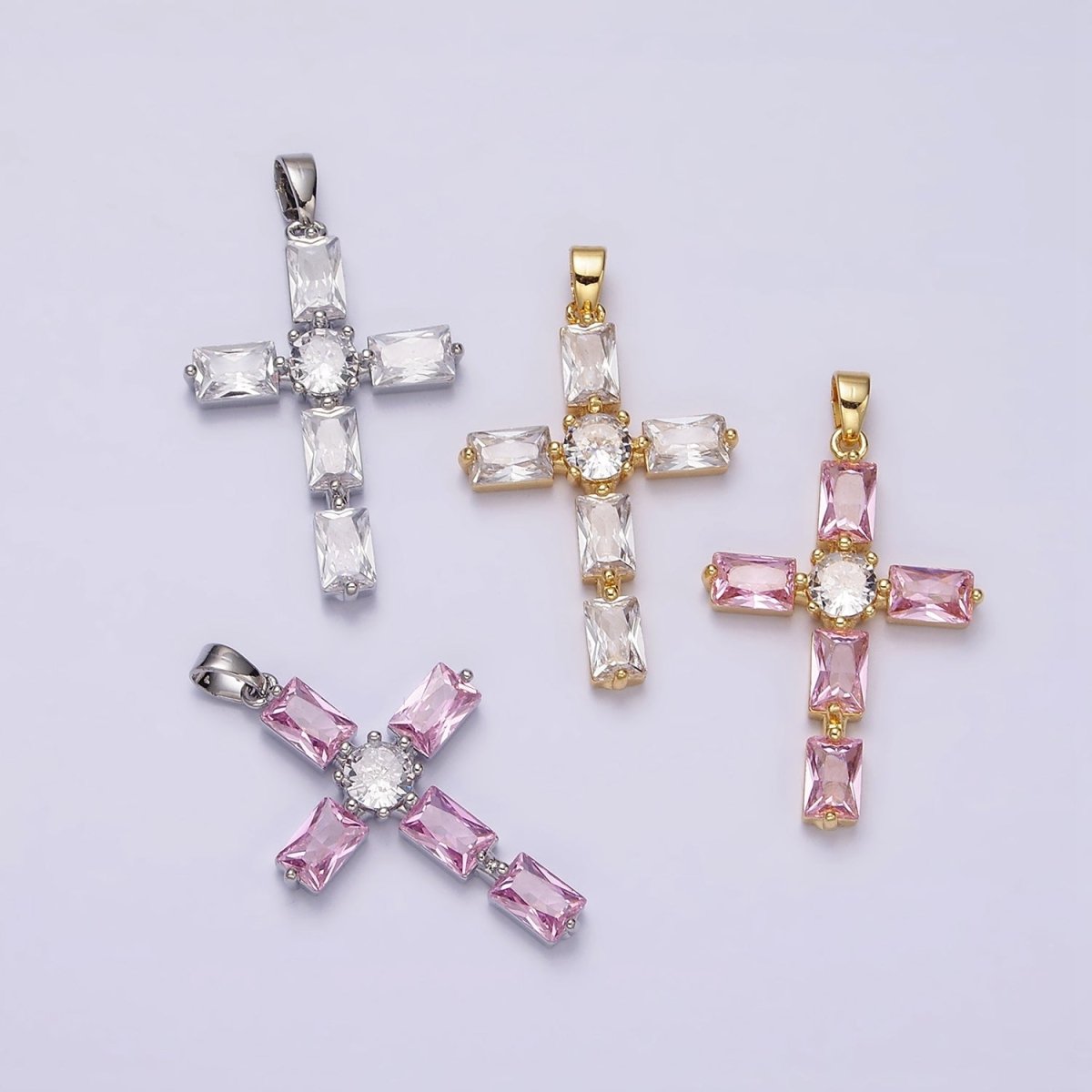 24K Gold Filled Pink, Clear Baguette Dotted Religious Cross in Silver & Gold | AA543 - AA546