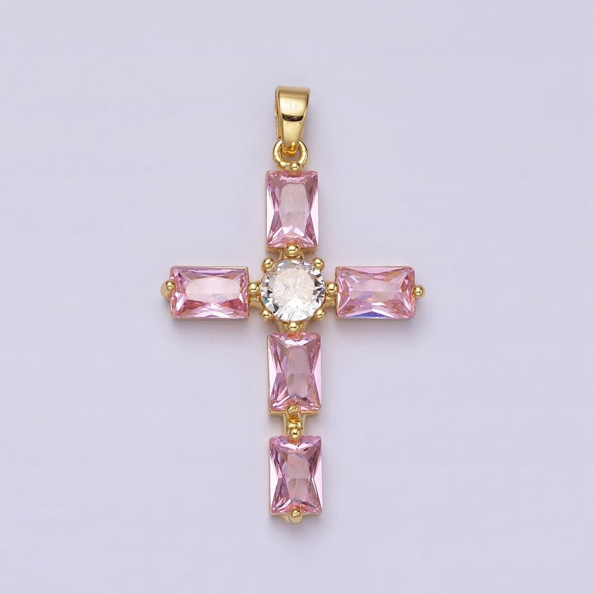 24K Gold Filled Pink, Clear Baguette Dotted Religious Cross in Silver & Gold | AA543 - AA546