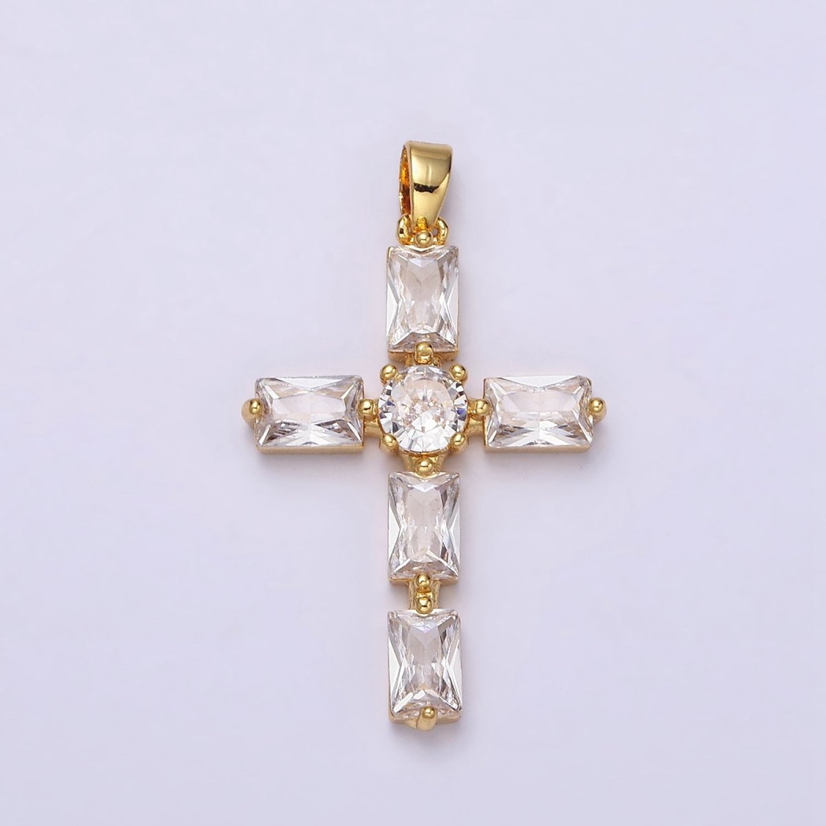 24K Gold Filled Pink, Clear Baguette Dotted Religious Cross in Silver & Gold | AA543 - AA546