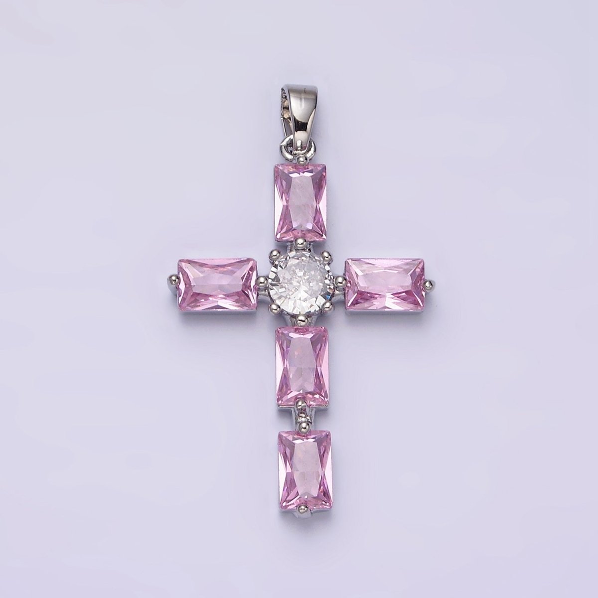 24K Gold Filled Pink, Clear Baguette Dotted Religious Cross in Silver & Gold | AA543 - AA546