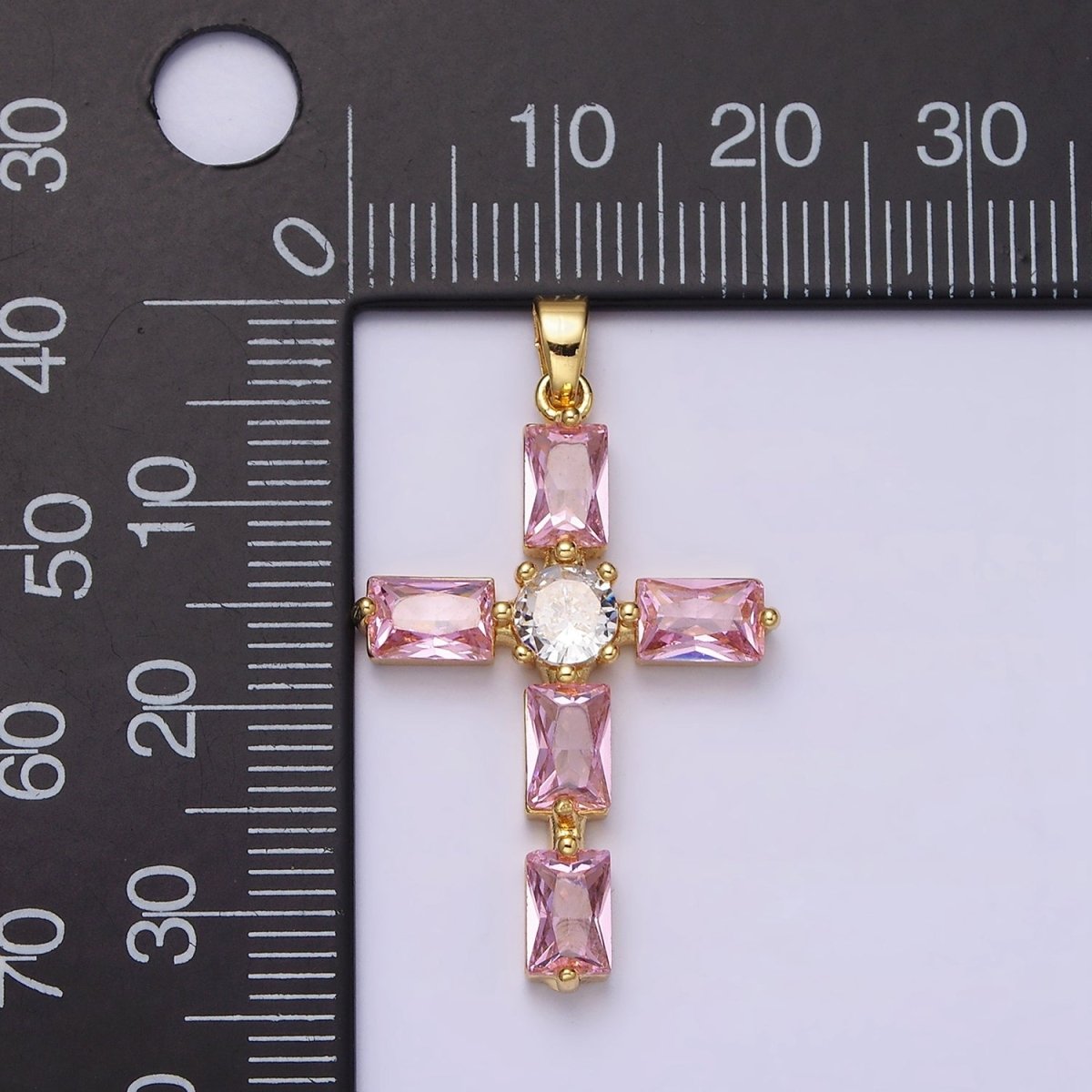 24K Gold Filled Pink, Clear Baguette Dotted Religious Cross in Silver & Gold | AA543 - AA546