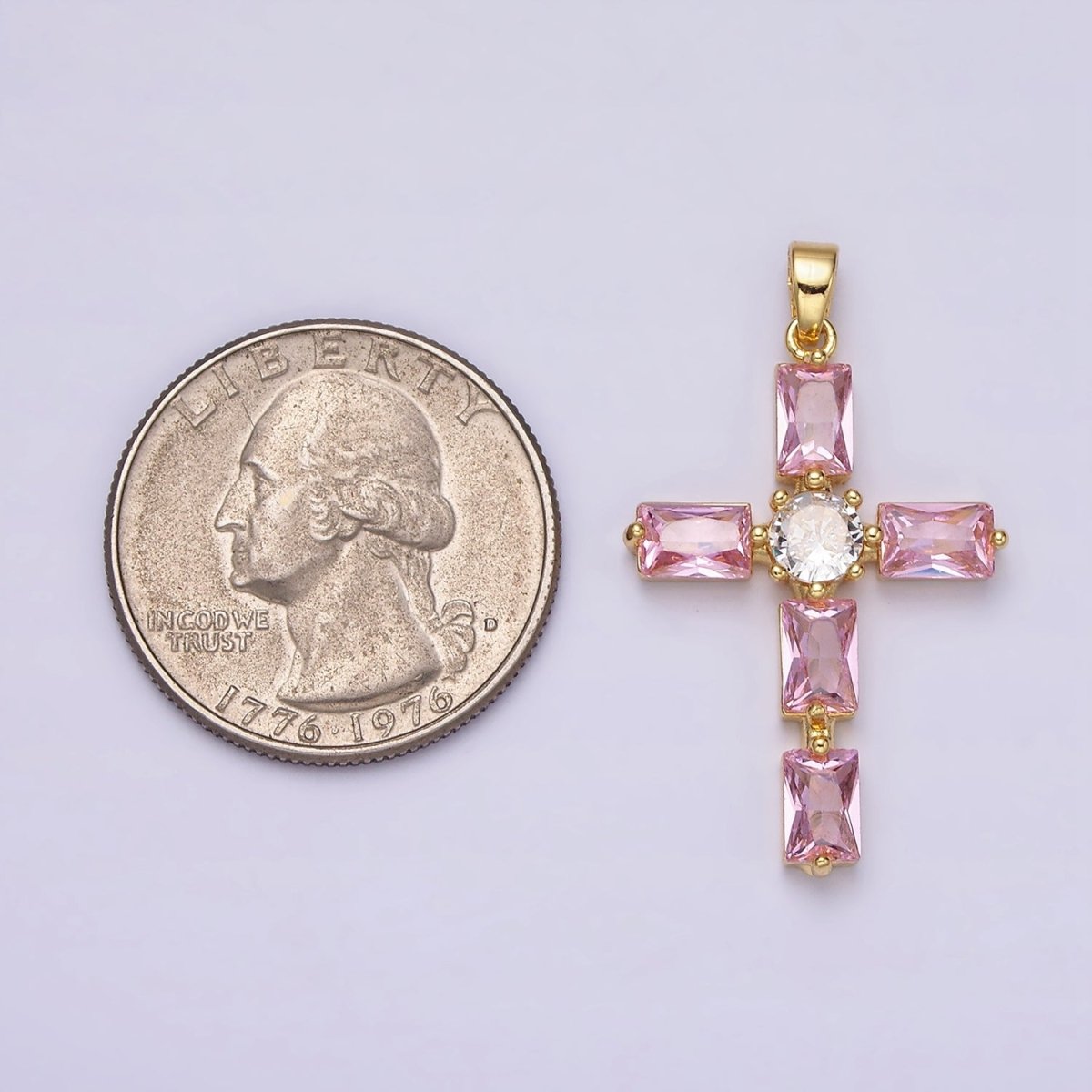 24K Gold Filled Pink, Clear Baguette Dotted Religious Cross in Silver & Gold | AA543 - AA546