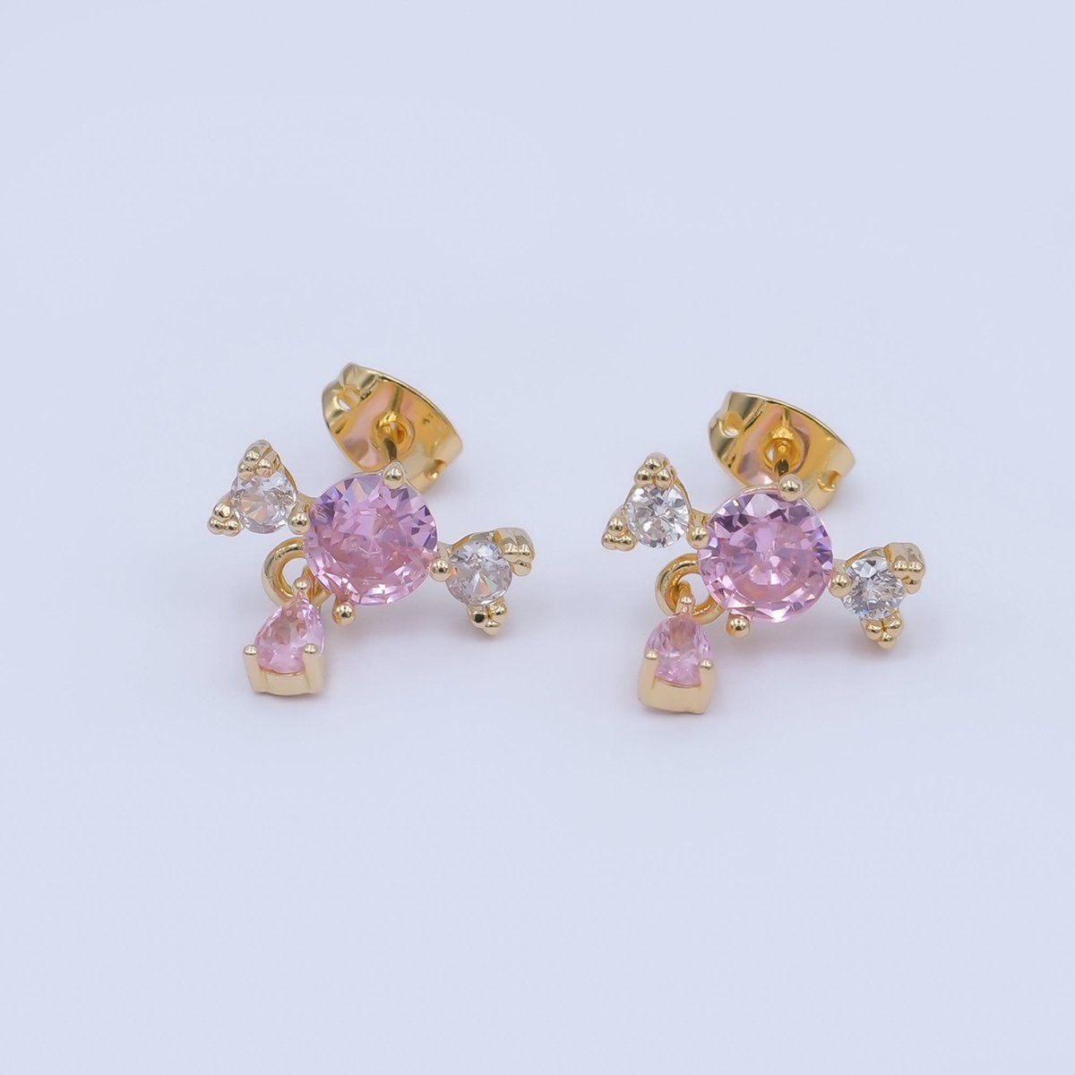 24K Gold Filled Pink - Clear Cluster Teardrop Drop Stud Earrings | AI476 - DLUXCA
