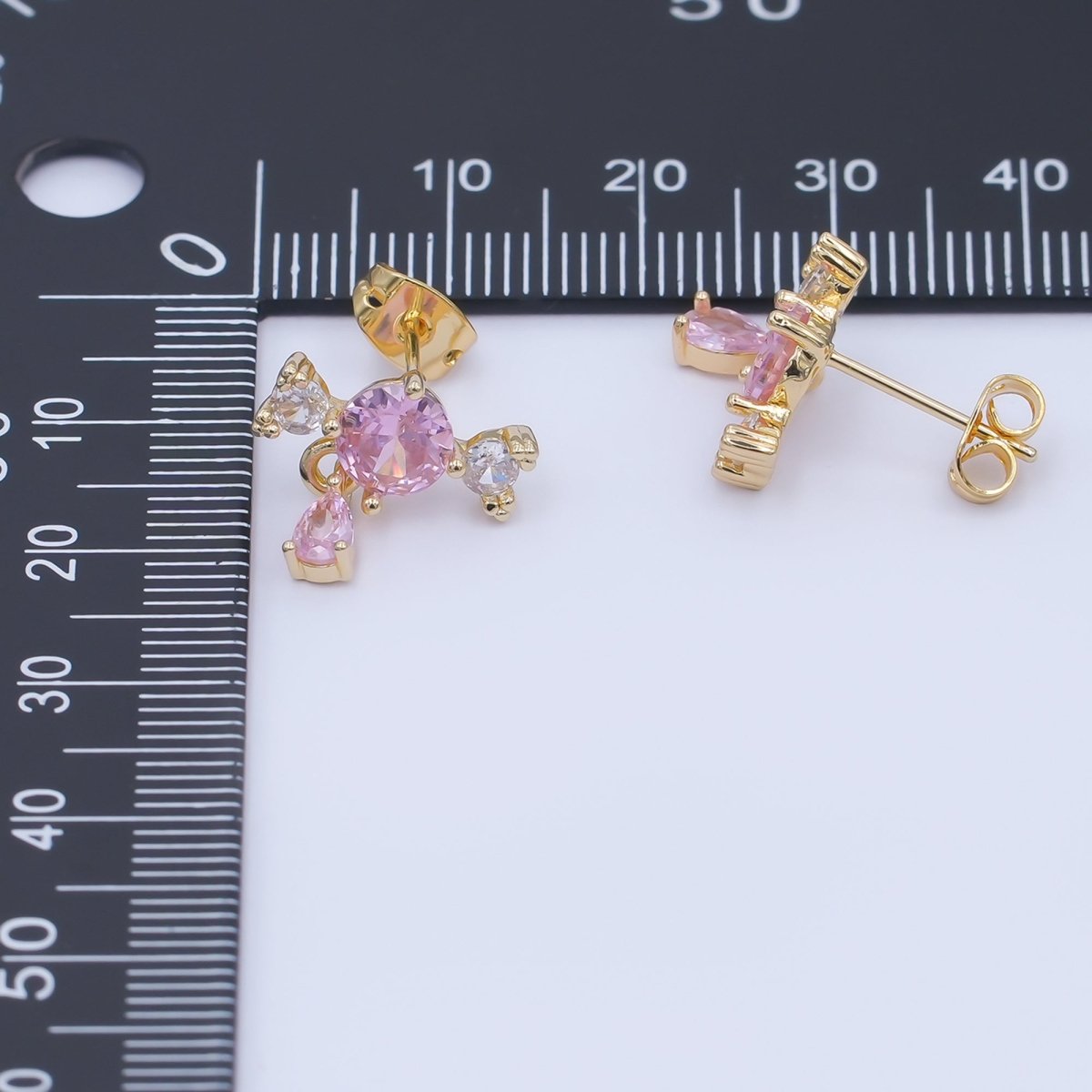 24K Gold Filled Pink - Clear Cluster Teardrop Drop Stud Earrings | AI476 - DLUXCA
