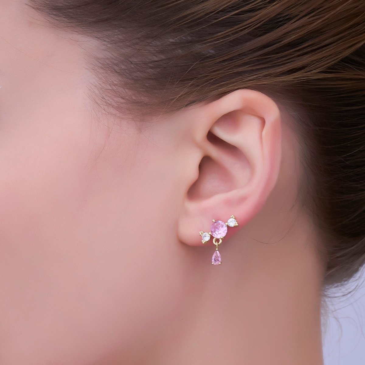 24K Gold Filled Pink - Clear Cluster Teardrop Drop Stud Earrings | AI476 - DLUXCA