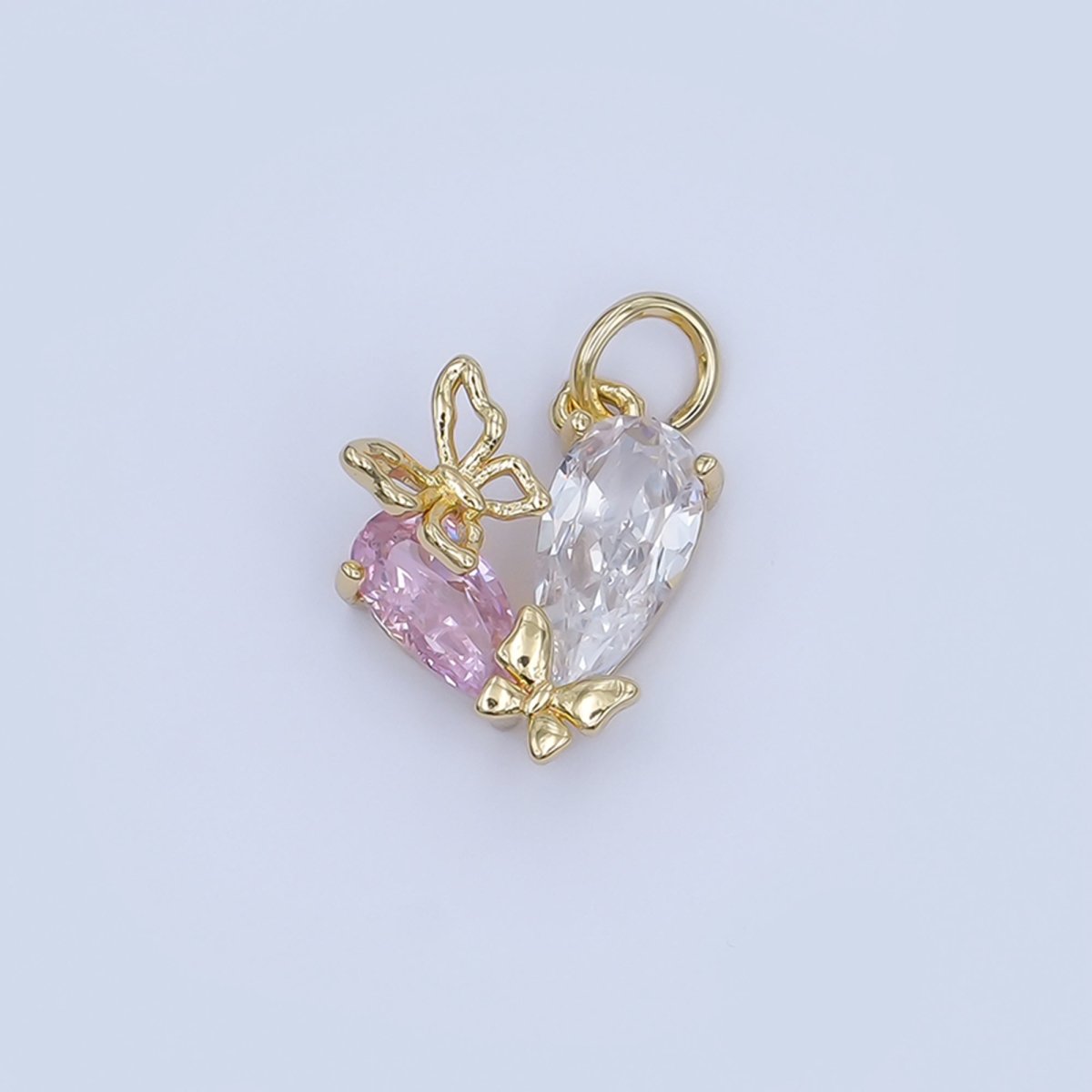 24K Gold Filled Pink Clear CZ Butterfly Heart Charm | C806 - DLUXCA