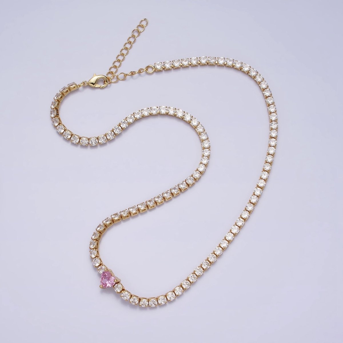 24K Gold Filled Pink Clear CZ Heart Valentine Tennis Chain 13.75mm Choker Minimalist Necklace | WA-1732 WA-1733 Clearance Pricing