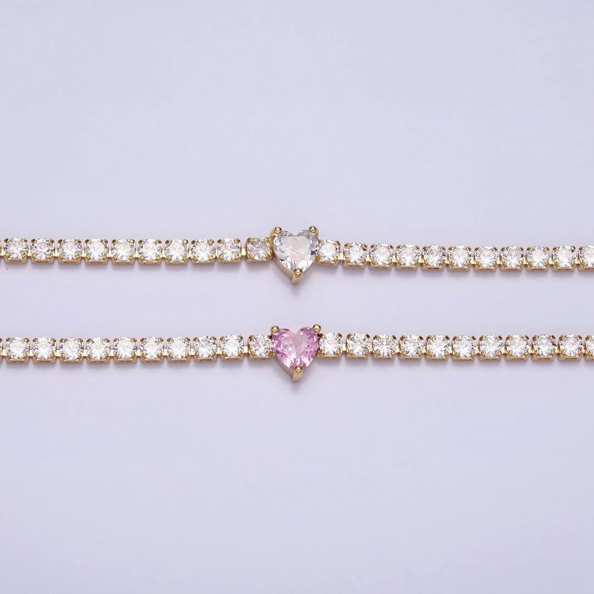 24K Gold Filled Pink Clear CZ Heart Valentine Tennis Chain 13.75mm Choker Minimalist Necklace | WA-1732 WA-1733 Clearance Pricing