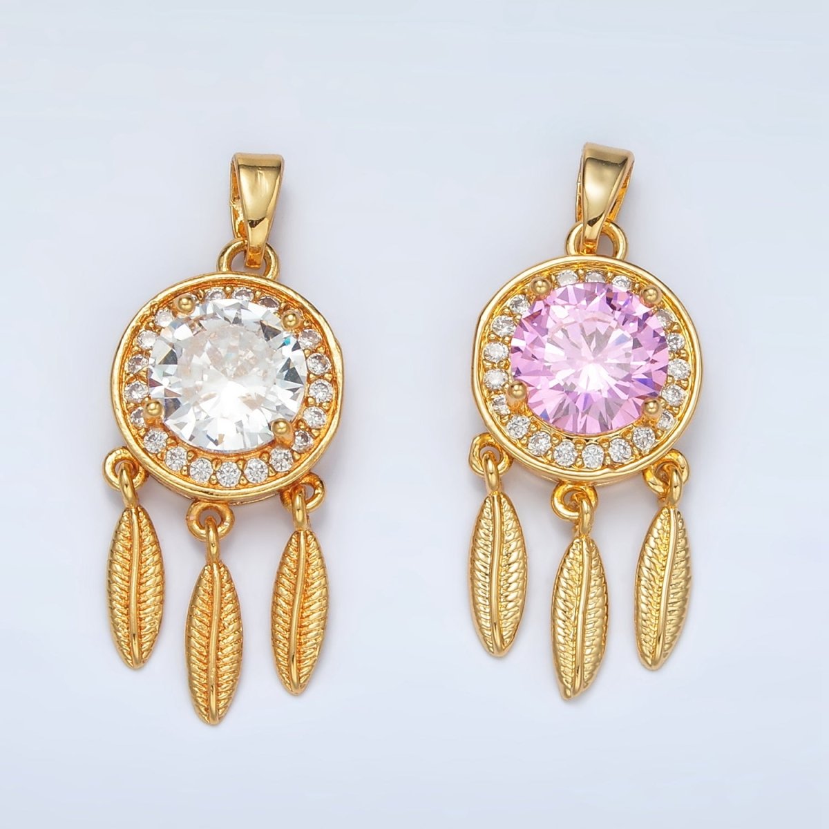 24K Gold Filled Pink, Clear CZ Micro Paved Dreamcatcher Pendant | AA1387
