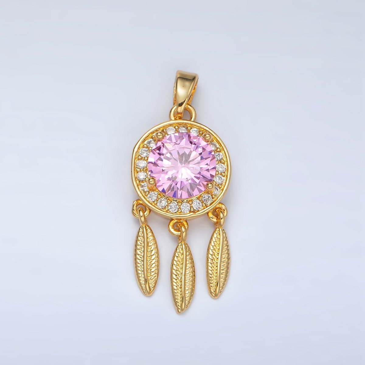 24K Gold Filled Pink, Clear CZ Micro Paved Dreamcatcher Pendant | AA1387